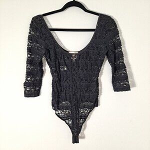 Cinque a Sept Black Lace Scoop Neck Thong Bodysuit